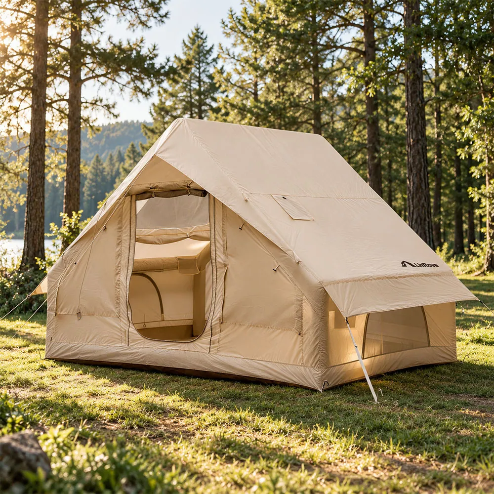 Beige LinRove LR-LE-01 inflatable camping tent with A-frame roof and mesh windows in a forest setting